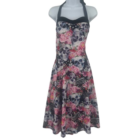 Floral Skull Halter Dress Sz XL Rockabilly Pinup Gothic Vintage Tattoo Halloween - Picture 1 of 11